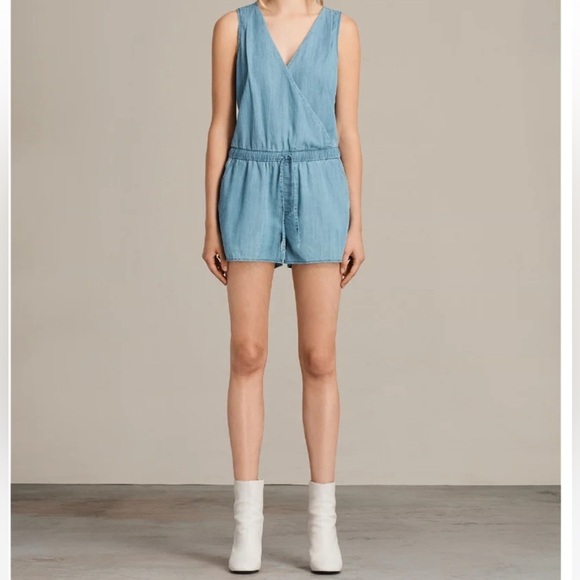 Allsaints Penny Playsuit Denim Color Surplice V-neck Romper size 6 - Picture 1 of 16